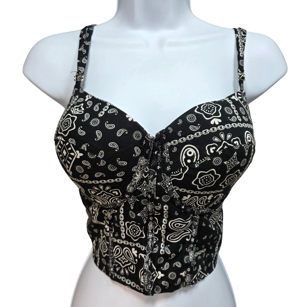 Say What Bustier Crop Top Womens XL Bandana Paisley Black White Corset Zip Back